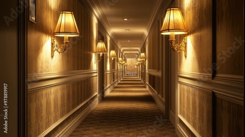 Cozy hotel corridor bathed in warm light, with decorative lamps along the walls, offering a sense of comfort and relaxation.