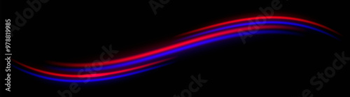 Red And blue wave neon stripes or light flash. Laser beams, horizontal beams. Beautiful light reflections. Glowing stripes on a black background.