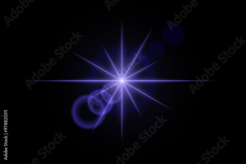 Blue neon stripes or light flash star. Laser beams, horizontal beams. Beautiful light reflections. Glowing stripes on a black background.