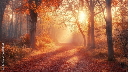 Colorful autumn Park with city view,red and yellow maple trees and blue sky,Autumn forest path,Lawn in autumn city park in Sunny day,Trees with yellow leaves in park,Natural Wallpaper.