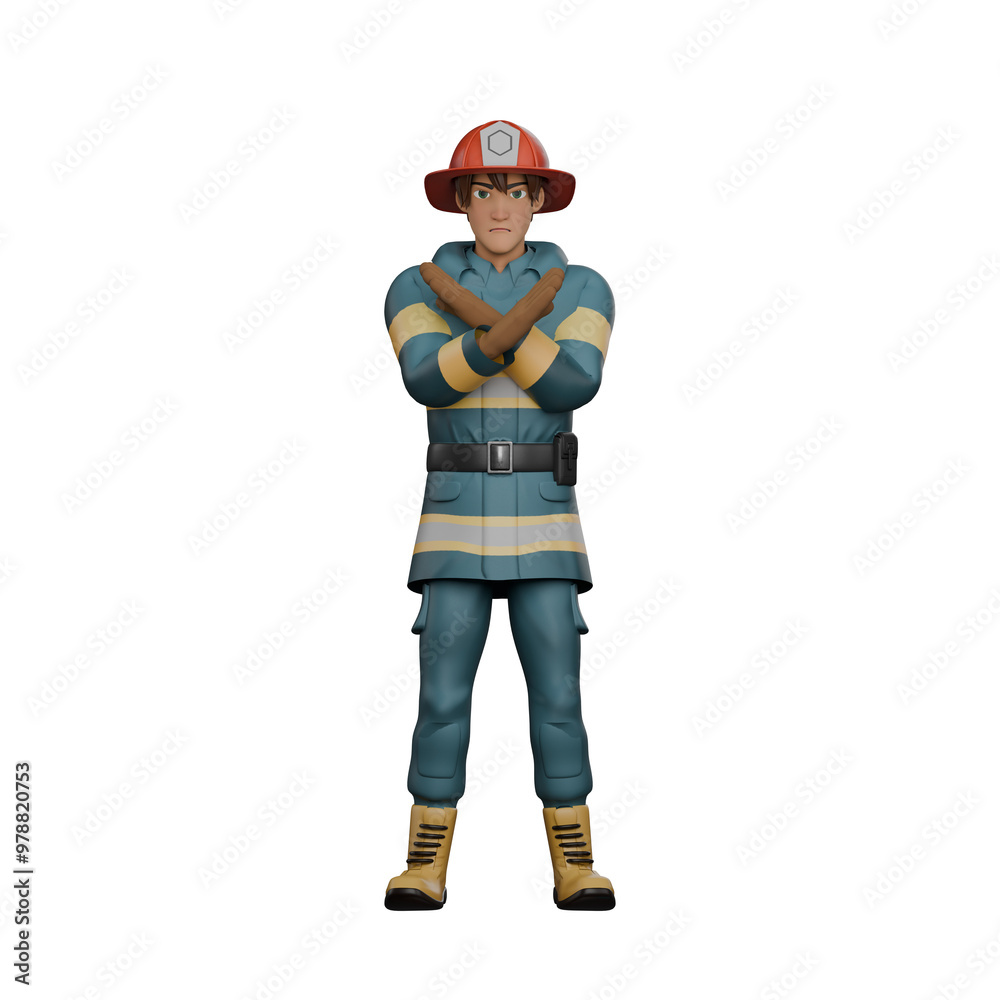 3D Cartoon Firefighter Character. A firefighter stands with both arms crossed in front of his chest. Emergency Response Model