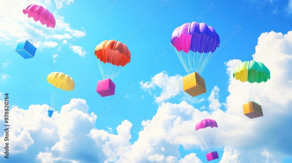 A Box flying on a parachute with pink cloud,vector illustration of package flying down from sky and cloud with parachute, concept for delivery service,shopping online,air delivery service. A Box flying on a parachute with pink cloud,vector illustration of package flying down from sky and cloud with parachute, concept for delivery service,shopping online,air delivery service.