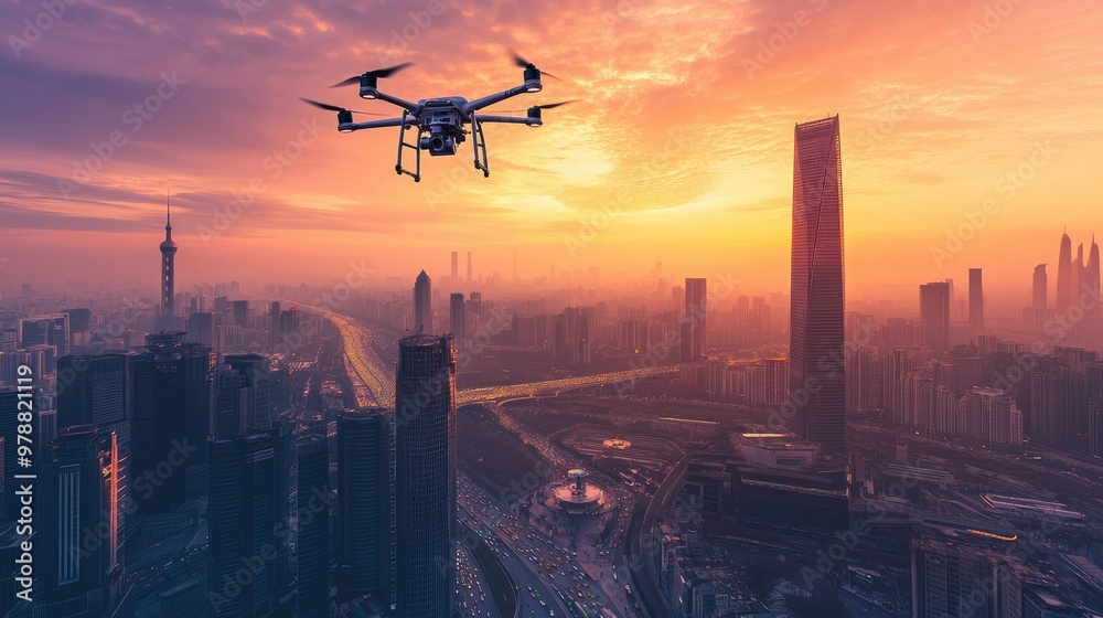 Drones hover high over a modern city skyline during sunset, capturing the beauty of skyscrapers and busy streets. The sky is a mix of orange and purple hues. Drones hover high over a modern city skyline during sunset, capturing the beauty of skyscrapers and busy streets. The sky is a mix of orange and purple hues.