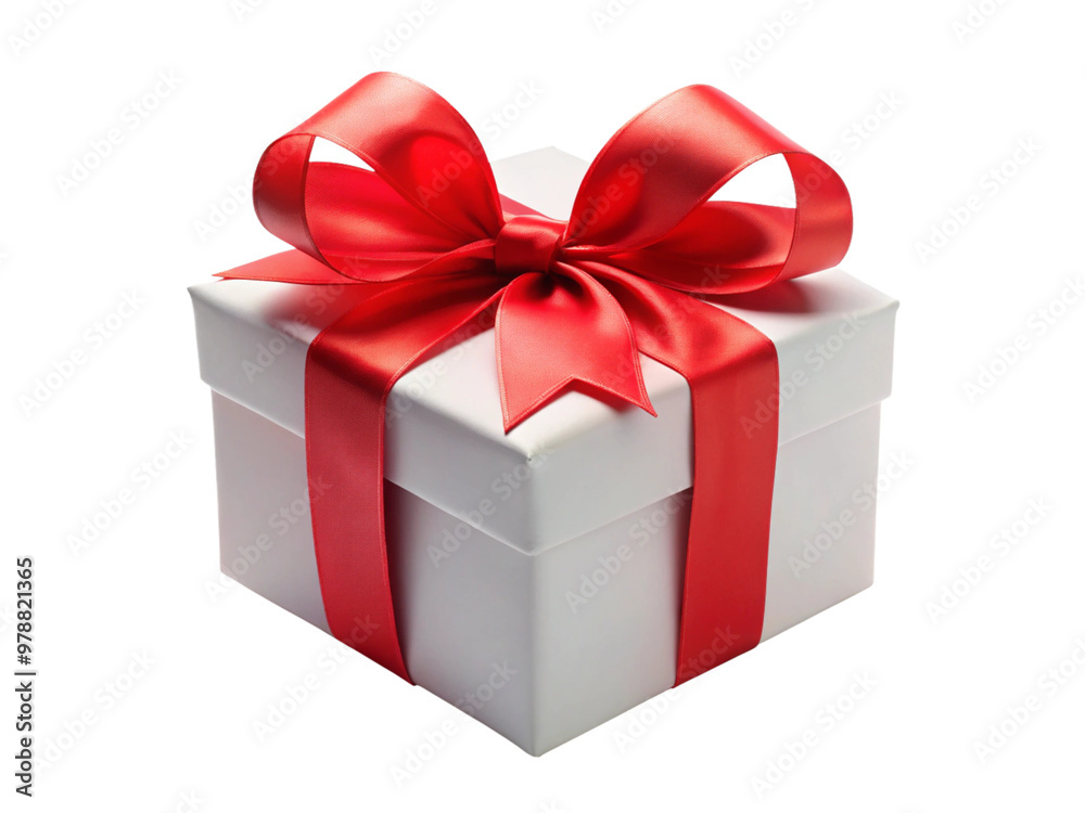 Fototapeta premium White gift box with red ribbon bow, isolated on white