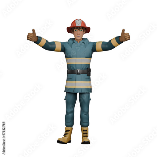 Illustrated 3D Fireman. A firefighter stands with his arms open while giving two thumbs up. Animated Hero