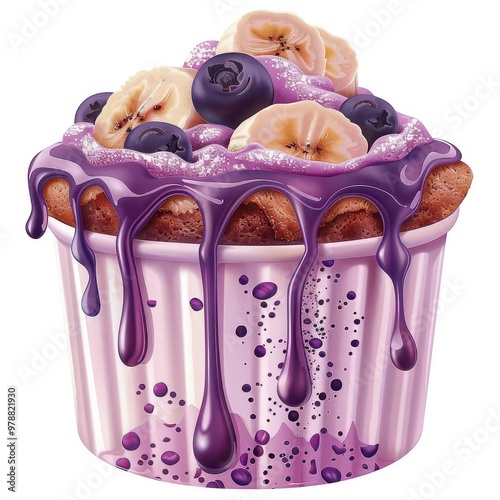 Delicious cupcake topped with creamy blueberry frosting and fresh banana slices, perfect for dessert lovers and food enthusiasts.