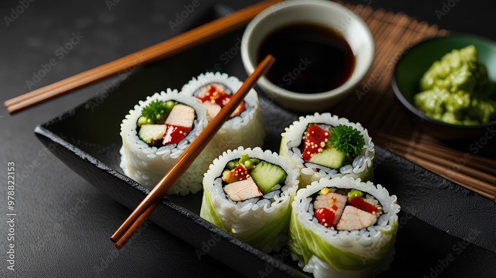 Rolls chopsticks soy sauce top view. Asia meal cuisine wasabi tasty. Rolls chopsticks soy sauce top view. Asia meal cuisine wasabi tasty.