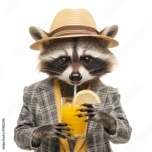 Dapper raccoon in a seersucker suit and derby hat, holding a lemonade photo