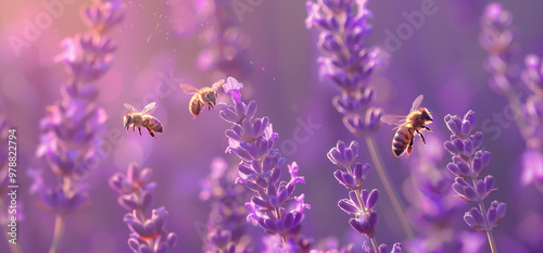 A macro photo of a bee flying around a lavender plant with copy space