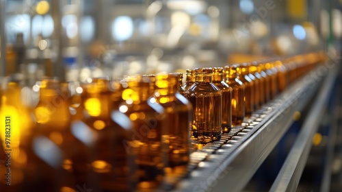 Industrial conveyor system with rows of amber bottles, demonstrating the efficiency of modern manufacturing processes.