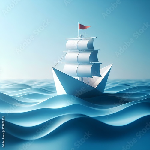 paper ship at sea rendering minimal background.