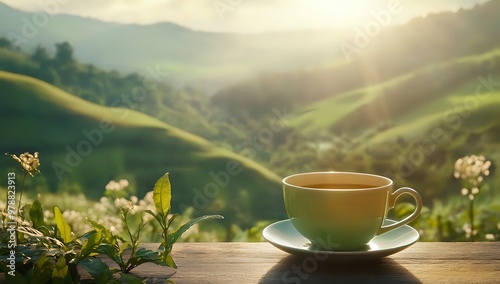 A cup of tea on a wooden table with a picturesque green landscape and sunbeams in the background.