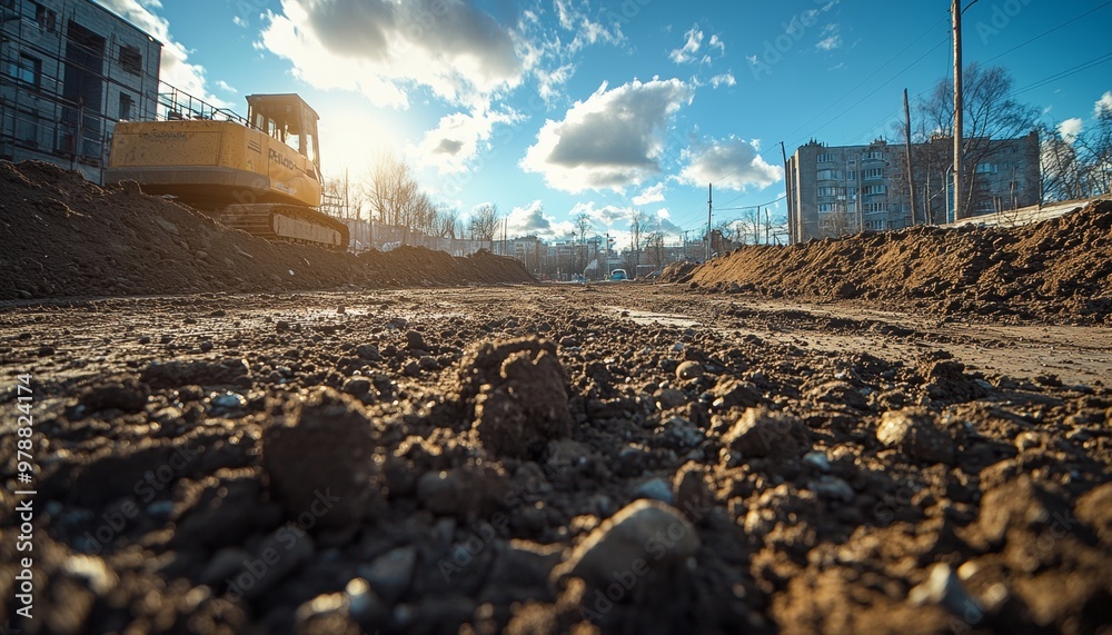 Obraz premium Capture a dramatic low-angle shot of a construction site, focusing on a foreground of rich, textured dirt with a flat .
