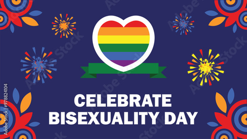 Celebrate Bisexuality Day banner design with geometric shapes and vibrant colors on a horizontal background. photo