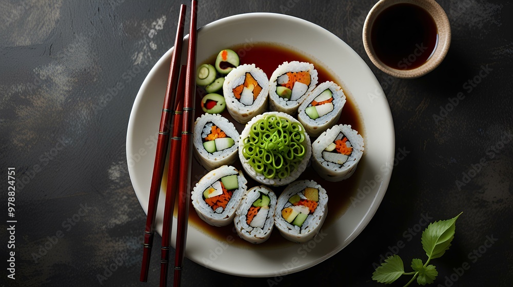 Rolls chopsticks soy sauce top view. Asia meal cuisine wasabi tasty. Rolls chopsticks soy sauce top view. Asia meal cuisine wasabi tasty.