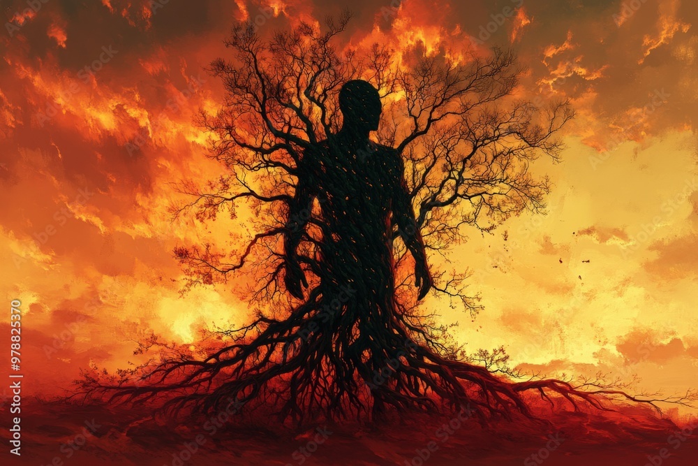 A human figure standing in an empty desert transforms into a tree, with branches growing from the arms and roots extending from the legs. The background is filled with a burning sunset, metamorphosis. A human figure standing in an empty desert transforms into a tree, with branches growing from the arms and roots extending from the legs. The background is filled with a burning sunset, metamorphosis.