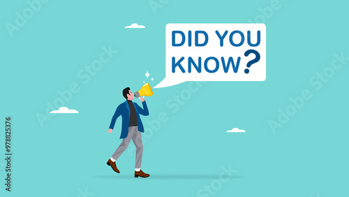 did you know, fun fact, expert information, explanation or solution, idea or advice message, useful knowledge or wisdom, useful tip, man talk on lightbulb megaphone on did you know speech bubble