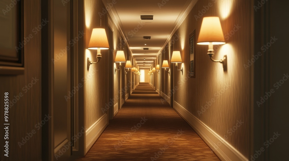 Soft lighting illuminates a cozy hotel corridor, creating an inviting and warm environment. Soft lighting illuminates a cozy hotel corridor, creating an inviting and warm environment.