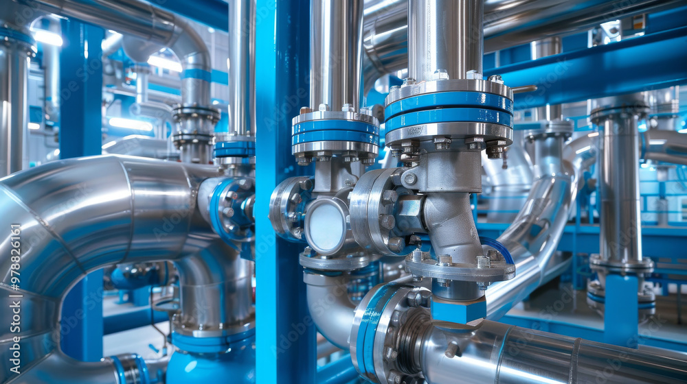 Obraz premium Industrial pipeline system with valves in a blue-toned factory.