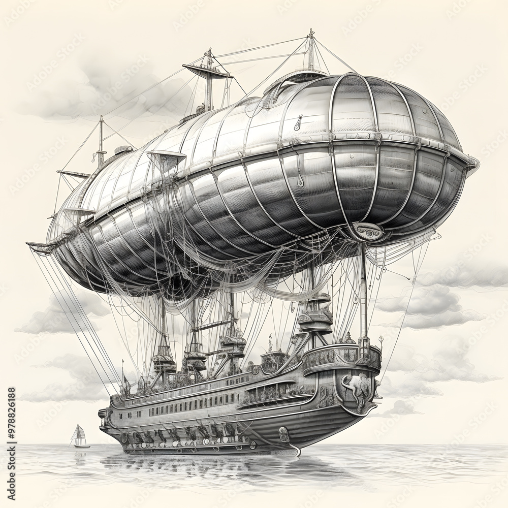 Obraz premium An intricate black and white depiction of a majestic airship sailing above calm waters under a cloudy sky