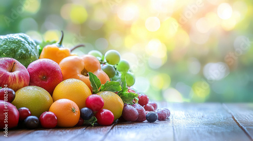 Close-up of vibrant fresh fruits and vegetables arranged in a balanced layout on a wooden table, symbolizing healthy gut nutrition and natural wellness.