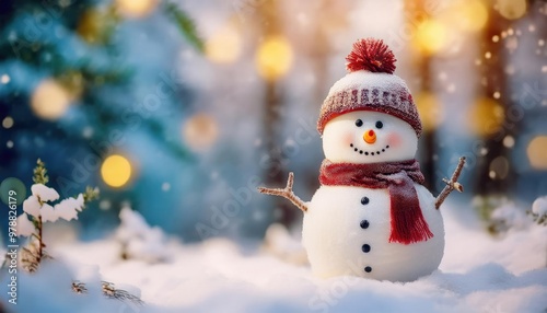 Snowman smiling and standing in snowfall with Christmas ornament. Winter morning landscape, bokeh forest background