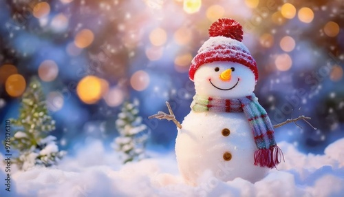 Snowman smiling and standing in snowfall with Christmas ornament. Winter morning landscape, bokeh forest background