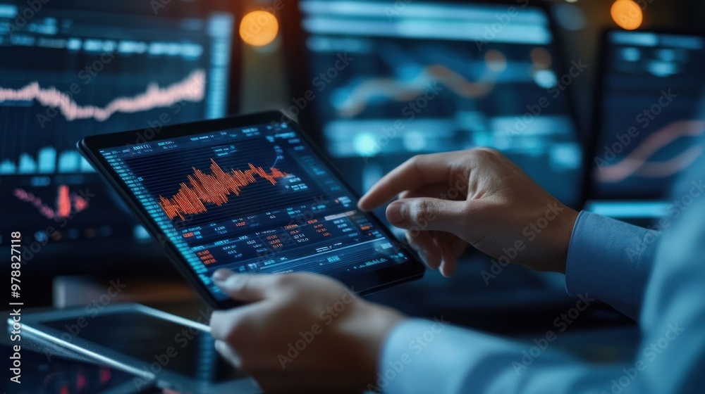 A financial analyst reviewing graphs and data on a tablet, with holographic elements representing business analysis A financial analyst reviewing graphs and data on a tablet, with holographic elements representing business analysis