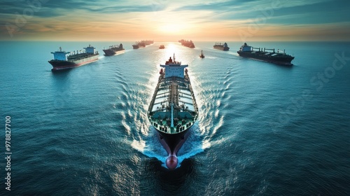 A fleet of LNG transport ships sailing through busy shipping lanes, showcasing the global scale of natural gas distribution by sea photo