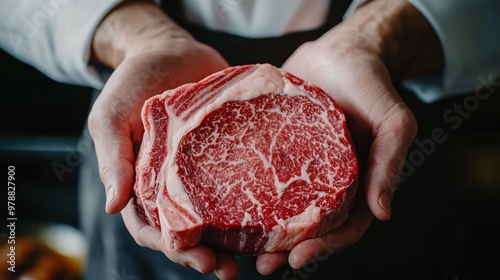 Close-up of a chef holding a marbled steak, showcasing premium quality meat for culinary and gourmet cuisine.
