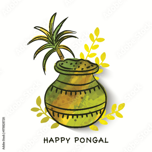 Mud pot and sugarcane for Pongal celebration.