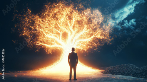 Man Standing In Front Of A Glowing Tree, Symbolizing Opportunity And Growth.