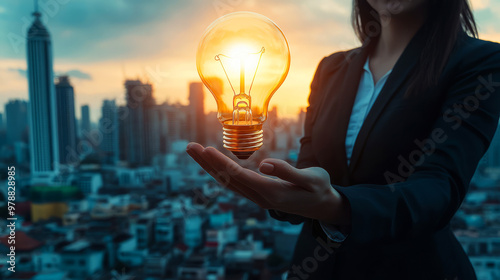 Woman Holding Lightbulb Over Cityscape - Inspiration, Innovation, Success photo