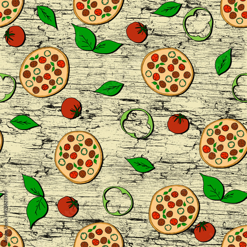 Pattern, drawn seamless background of food, pizza. Ornament for textiles, design for packaging, cafes, delivery, menus.