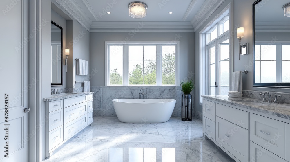 Elegant bathroom with marble countertops, freestanding bathtub, and modern lighting, vibrant colors, realistic design