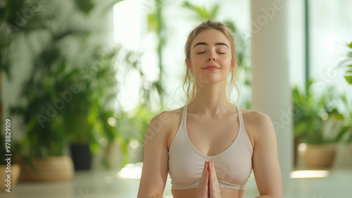 Mindfulness of breathing is beautifully captured in this serene moment of young woman practicing yoga. Surrounded by lush greenery, she embodies tranquility and focus