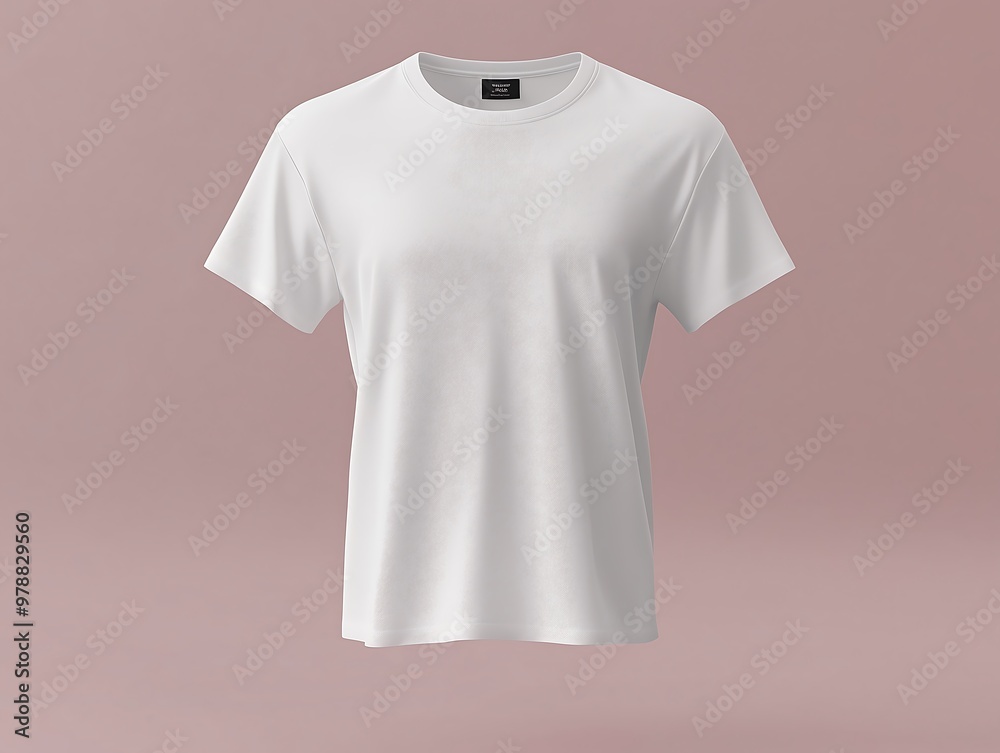 White t-shirt suspended in mid-air on a soft pink background White t-shirt suspended in mid-air on a soft pink background