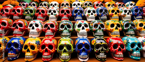 Close up colorful ceramic skulls on the shelves for day of the dead in Mexico.