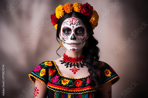 Woman with sugar skull makeup and flowers on the head for day of the dead on blur background.