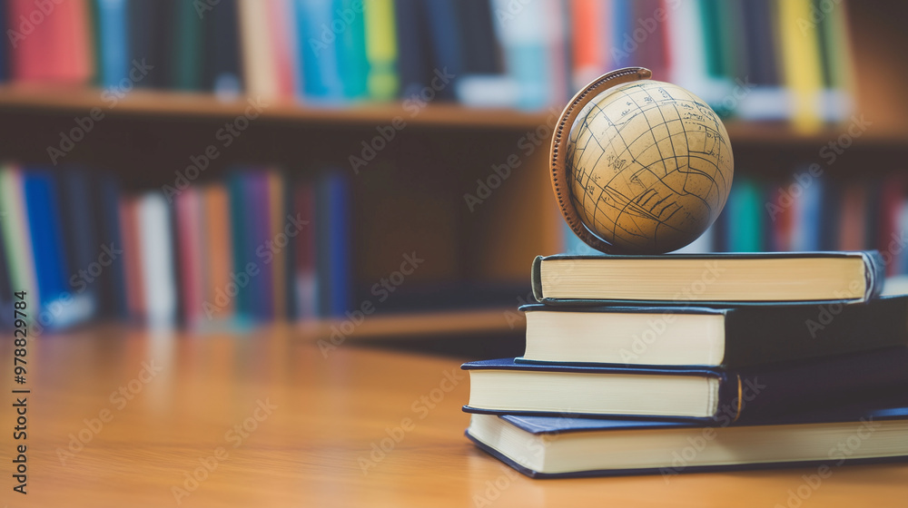 Several books are stacked on a table, with a small globe placed on top. In the background, there are blurred bookshelves Several books are stacked on a table, with a small globe placed on top. In the background, there are blurred bookshelves