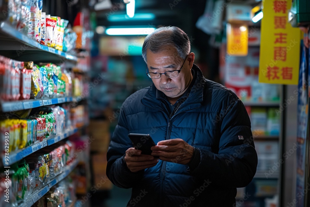 An older man uses a smartphone while standing in a dimly lit aisle filled with colorful shelves of products. An older man uses a smartphone while standing in a dimly lit aisle filled with colorful shelves of products.