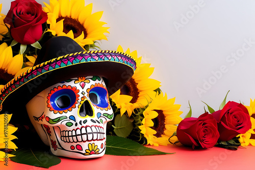 Colorful ceramic skull weraing Mexican hat surrounded by sunflowers and roses with copy space on a white background.