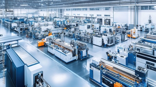 A bustling manufacturing plant filled with advanced machinery in operation