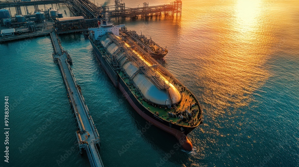 A gas tanker being loaded at a coastal terminal, preparing to transport liquefied natural gas across oceans to foreign markets A gas tanker being loaded at a coastal terminal, preparing to transport liquefied natural gas across oceans to foreign markets