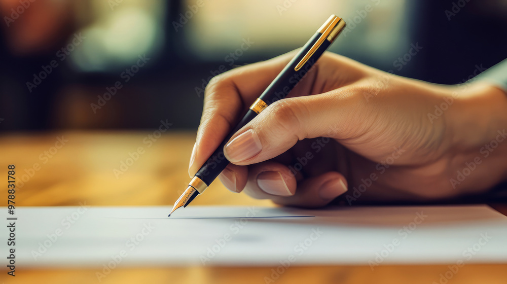 Closeup of hand holding a fountain pen signing a document. a business transaction, a personal note, or a creative endeavor. Closeup of hand holding a fountain pen signing a document. a business transaction, a personal note, or a creative endeavor.