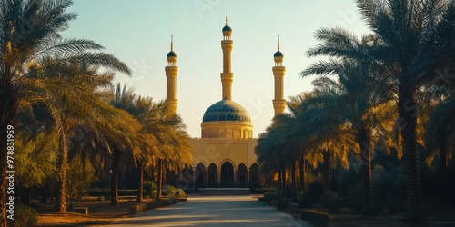 mosque surrounded by palm trees  photo