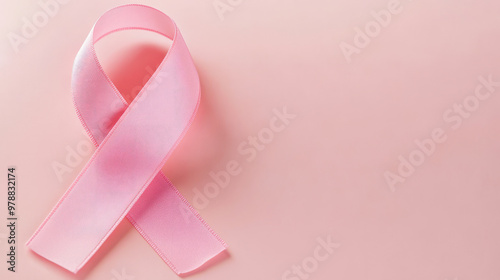 Pink Ribbon On Pink Background. Awareness, Support, Breast Cancer. photo