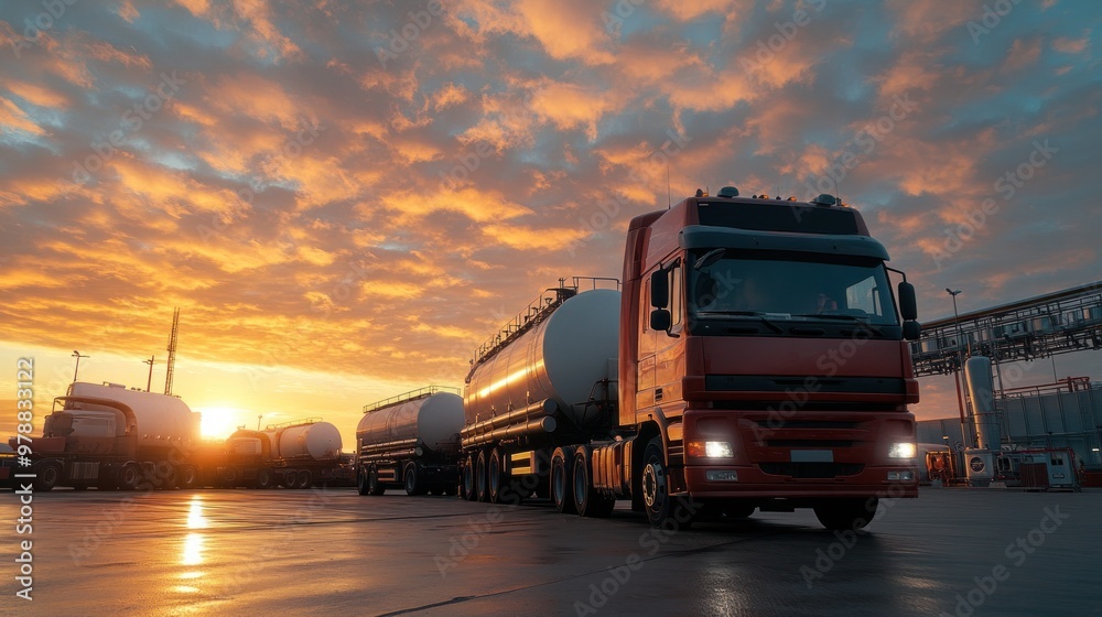 A gas trucking fleet parked at a distribution hub, with drivers preparing to transport liquefied natural gas to local markets A gas trucking fleet parked at a distribution hub, with drivers preparing to transport liquefied natural gas to local markets