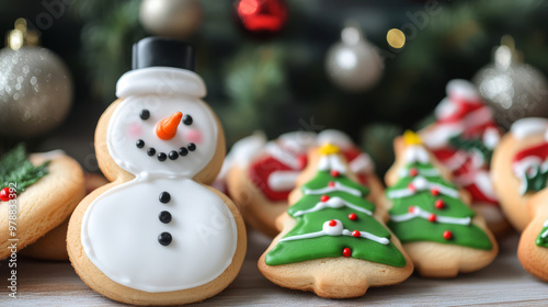 Christmas Cookies And Snowman On A Table With Powdered Sugar. Festive Holiday Baking. photo