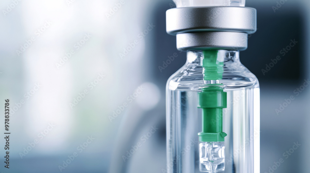 Close-Up Of Iv Bag With Clear Fluid And Green Needle. Medical Supplies. Hospital Care. Close-Up Of Iv Bag With Clear Fluid And Green Needle. Medical Supplies. Hospital Care.